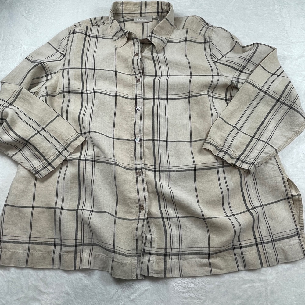 Kate Hill Women 3X‎ 100% Linen Button Front Shirt Plaid Long Sleeve Top Blouse